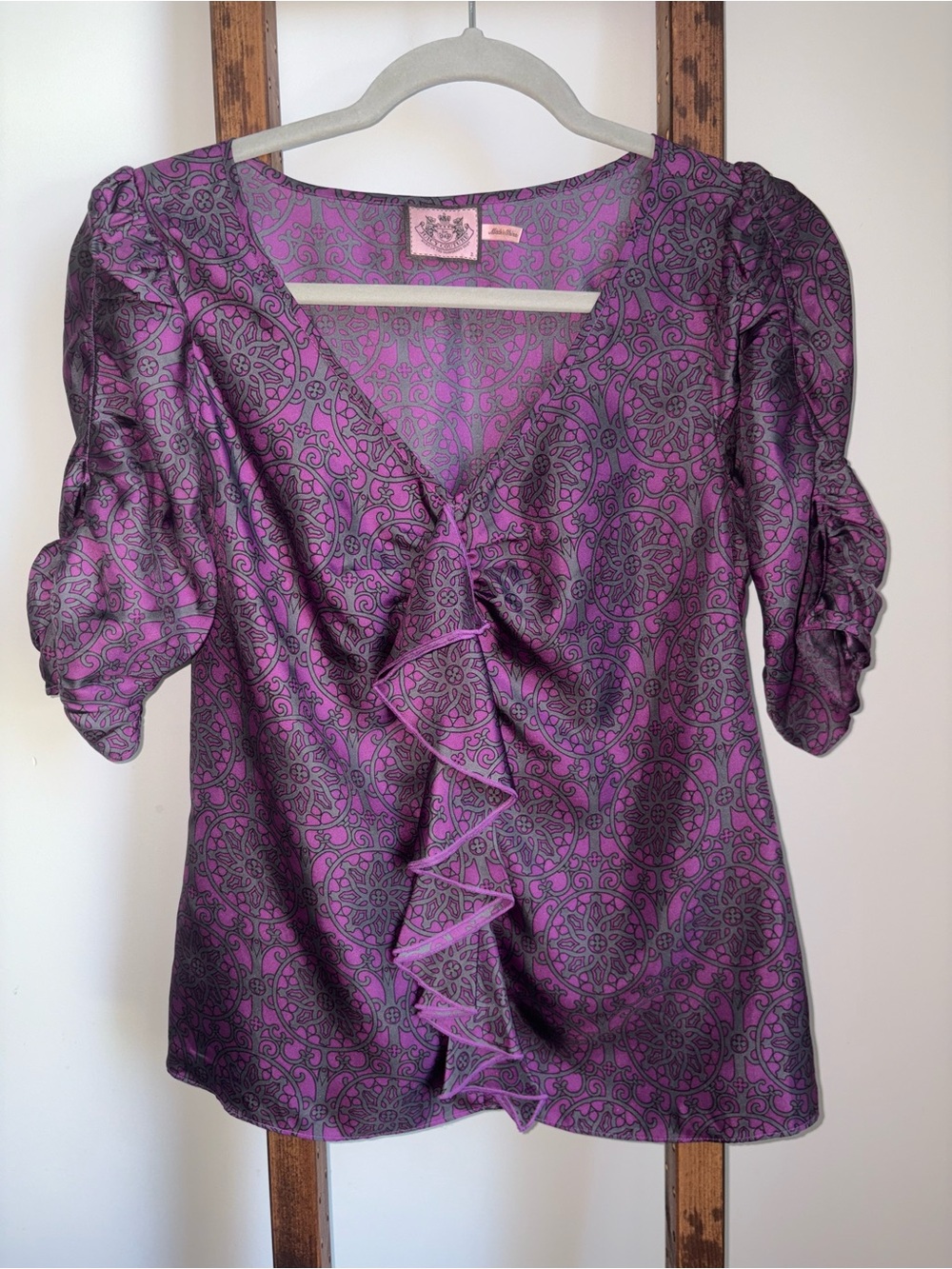 Juicy Couture 100% Silk Blouse Y2K Top Purple Grey Size 2 Dark Romantic Indie